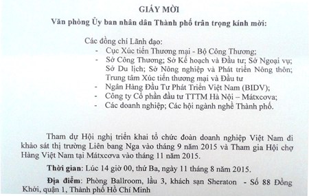 THƯ MỜI THAM DỰ "HỘI CHỢ - BÁN HÀNG HÀNG VIỆT NAM CHẤT LƯỢNG CAO MÁTXCƠVA 2015 "