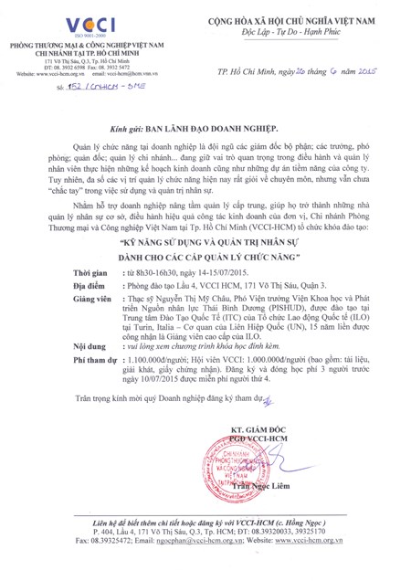 KHÓA ĐÀO TẠO KỸ NĂNG SỬ DỤNG VÀ QUẢN TRỊ NHÂN SỰ DÀNH CHO CÁC CẤP QUẢN LÝ CHỨC NĂNG 14-15/7/2015